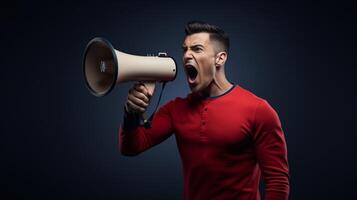 AI generated man holding megaphone standing on Navy background photo