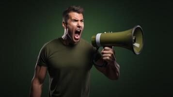 AI generated man holding megaphone standing on Olive Drab background photo