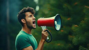 AI generated man holding megaphone standing on Pine Green background photo