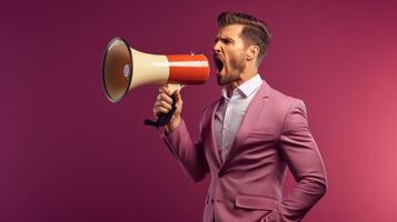 AI generated man holding megaphone standing on Plum background photo