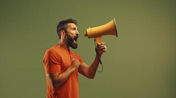 AI generated man holding megaphone standing on Olive background photo