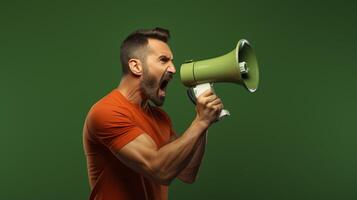 AI generated man holding megaphone standing on Olive background photo