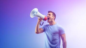 AI generated man holding megaphone standing on Periwinkle background photo