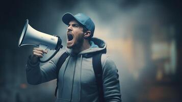 AI generated man holding megaphone standing on Platinum background photo