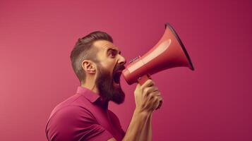 AI generated man holding megaphone standing on Plum background photo