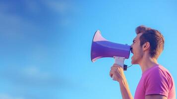 AI generated man holding megaphone standing on Periwinkle background photo