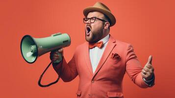 AI generated man holding megaphone standing on Salmon background photo