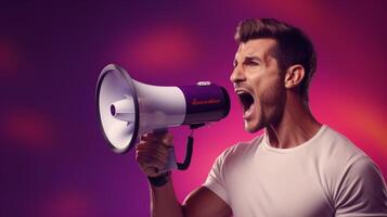 AI generated man holding megaphone standing on Plum background photo