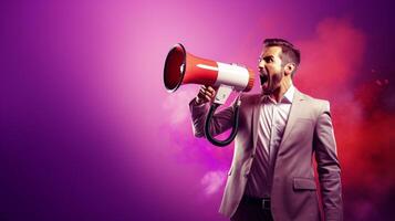 AI generated man holding megaphone standing on Plum background photo
