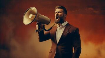 AI generated man holding megaphone standing on Sienna background photo