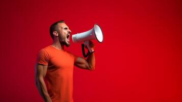 AI generated man holding megaphone standing on Red background photo