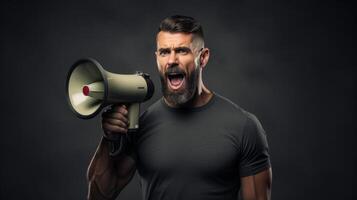 AI generated man holding megaphone standing on Slate background photo