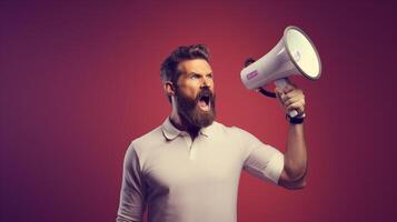 AI generated man holding megaphone standing on Plum background photo