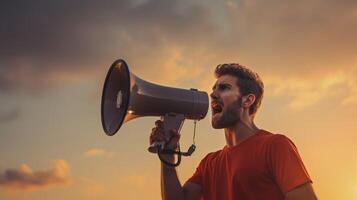 AI generated man holding megaphone standing on Puce background photo