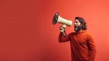 AI generated man holding megaphone standing on Salmon background photo