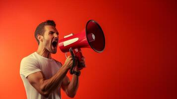 AI generated man holding megaphone standing on Red background photo