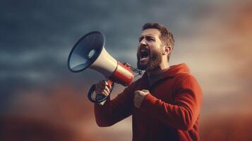 AI generated man holding megaphone standing on Puce background photo