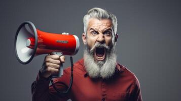 AI generated man holding megaphone standing on Silver background photo