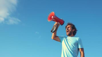 AI generated man holding megaphone standing on Sky Blue background photo