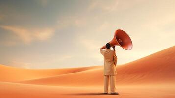 AI generated man holding megaphone standing on Sandalwood background photo