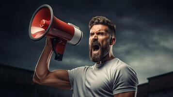 AI generated man holding megaphone standing on Slate background photo