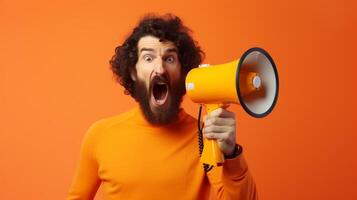 AI generated man holding megaphone standing on Tangerine background photo