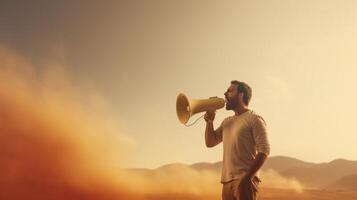 AI generated man holding megaphone standing on Tan background photo