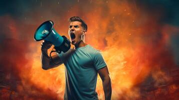 AI generated man holding megaphone standing on Topaz background photo