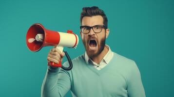 AI generated man holding megaphone standing on Teal background photo