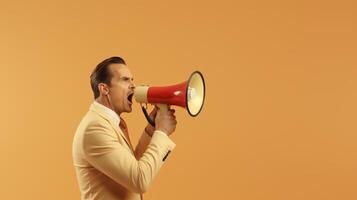 AI generated man holding megaphone standing on Tan background photo