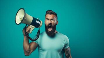 AI generated man holding megaphone standing on Teal background photo