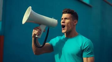 AI generated man holding megaphone standing on Teal background photo