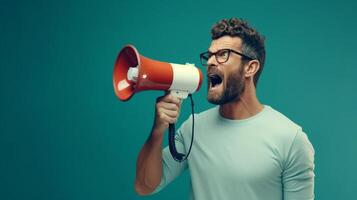 AI generated man holding megaphone standing on Teal background photo