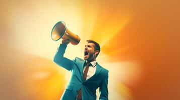 AI generated man holding megaphone standing on Topaz background photo