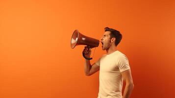 AI generated man holding megaphone standing on Terracotta background photo