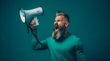 AI generated man holding megaphone standing on Teal background photo