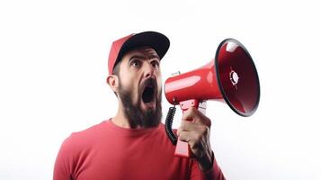 AI generated man holding megaphone standing on White background photo