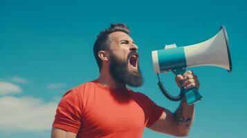 AI generated man holding megaphone standing on Turquoise background photo