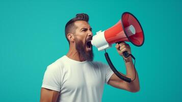 AI generated man holding megaphone standing on Turquoise background photo