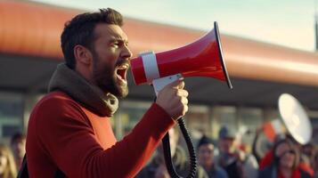 AI generated man holding megaphone standing on White background photo