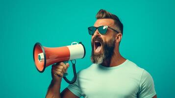 AI generated man holding megaphone standing on Turquoise background photo