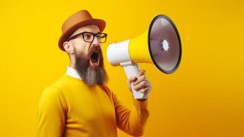 AI generated man holding megaphone standing on Yellow background photo