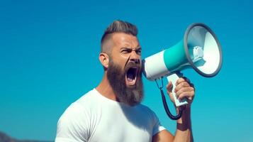 AI generated man holding megaphone standing on Turquoise background photo