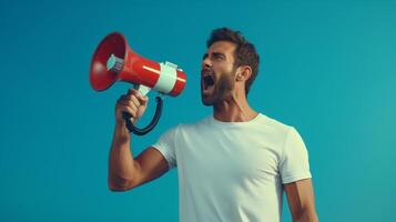 AI generated man holding megaphone standing on Turquoise background photo