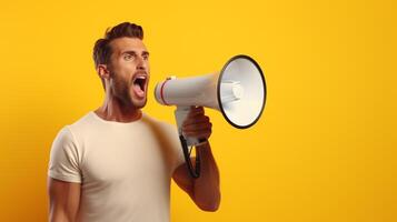 AI generated man holding megaphone standing on Yellow background photo