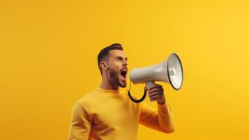 AI generated man holding megaphone standing on Yellow background photo