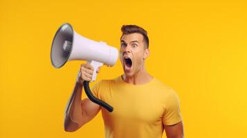 AI generated man holding megaphone standing on Yellow background photo