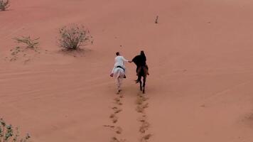 A drone flies over two horsemen riding on desert sand among green bushes video