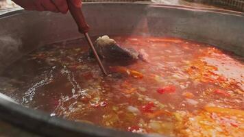 Chef mixes meat soup with vegetables in a large cauldron with a slotted spoon video