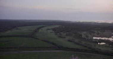 Tranquil lake surrounded by traffic and bushes under a cloudy sky during sunset video